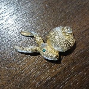 JackRabbit Brooch by M. Jent Goldtone emerald green and clear rhinestone 1 3/4-2